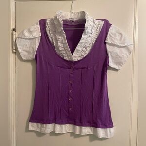 Made in Italy Victorian Inspired White Eyelet Ruffle Purple Layered Top Medium